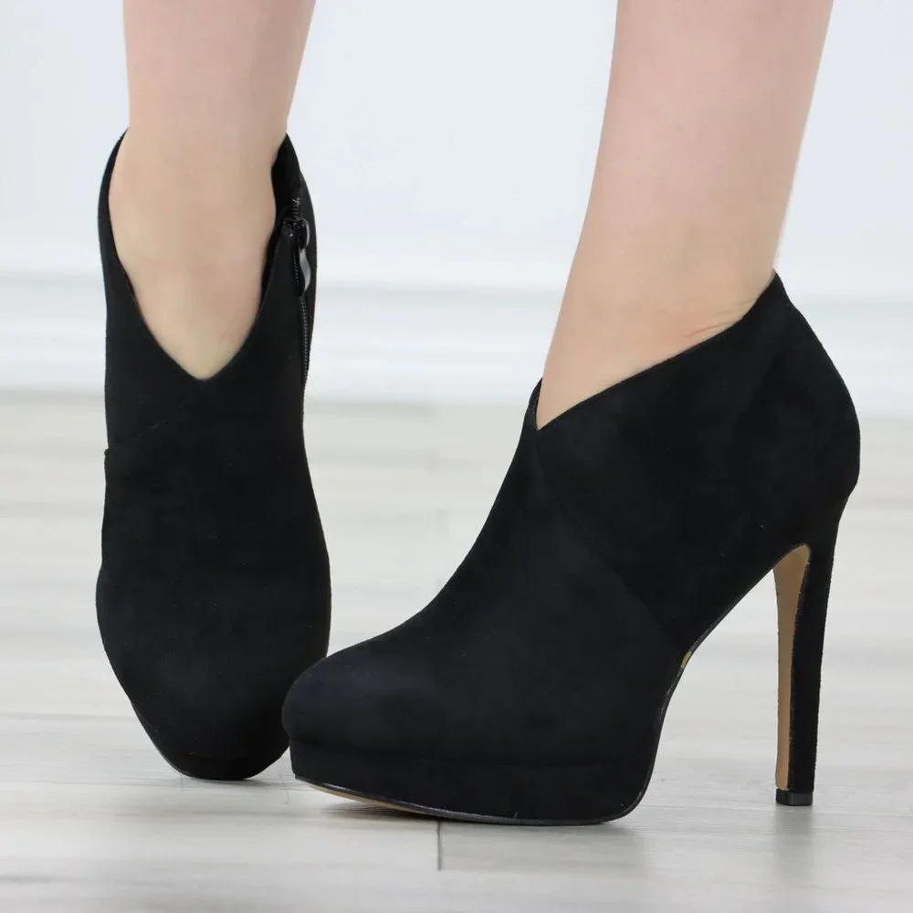 Black High Heel Platform Ankle Boots Stilettos Faux Suede - Picture 12 of 15
